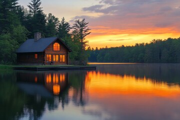 Fototapeta premium Peaceful lake house during sunset surrounded by forest reflection
