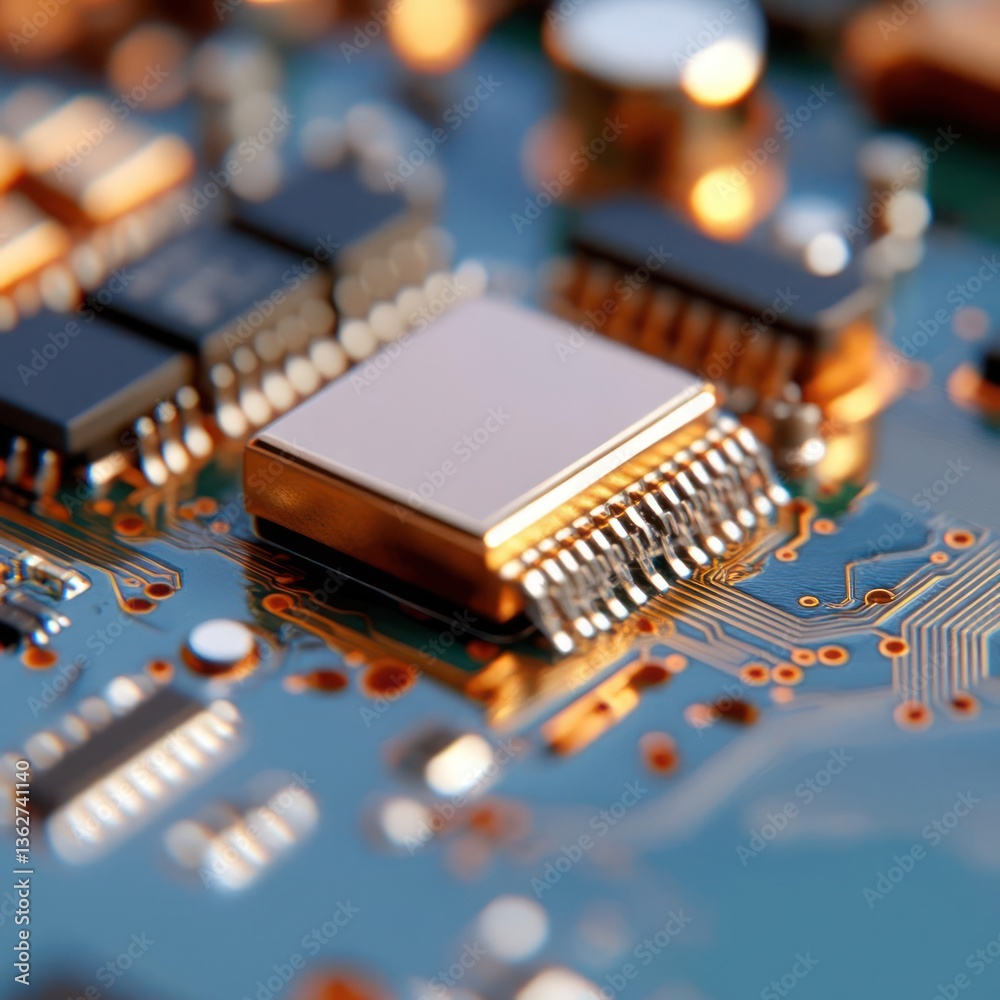 Aufkleber Close-Up of Gold Microprocessor on Teal Circuit Board