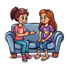 Two Friends Chatting on a Couch – Cartoon Style