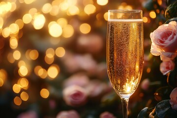 Sparkling champagne glass surrounded by soft lights and blooming roses in an elegant celebration setting