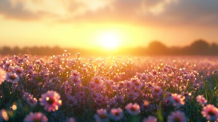 Naklejka premium A picturesque scene of a flower field at dawn, with the sun rising and illuminating the dew-covered blossoms, creating a magical and ethereal atmosphere.