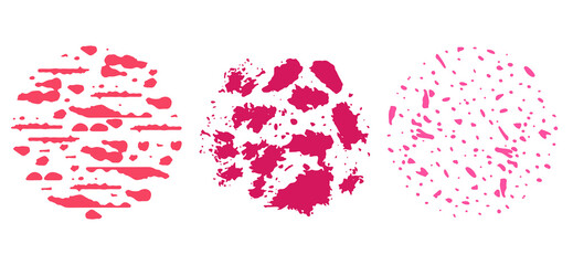 Set of color grunge design elements isolated on white background. Freehand hand drawing ink paint brush. Vector illustration. Creative isolated spots different shape, dirty texture. For print, design