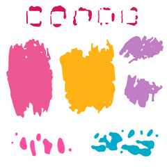 Set of color grunge design elements isolated on white background. Freehand hand drawing ink paint brush. Vector illustration. Creative isolated spots different shape, dirty texture. For print, design