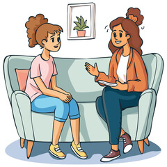 Two Friends Chatting on a Couch – Cartoon Style