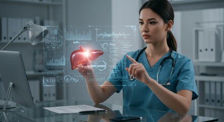 Futuristic medical technology with doctor analyzing holographic liver data in modern office