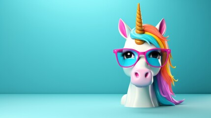 Fototapeta premium Playful unicorn in sunglasses embodying summer vacation vibes, copy space for text