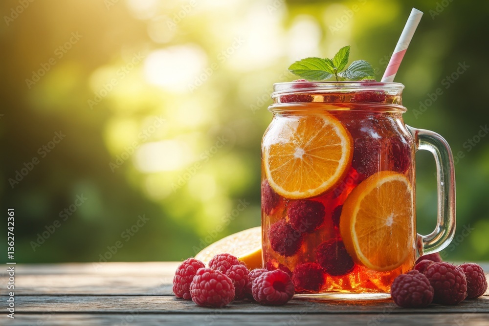 Poster refreshing summer beverage with raspberries and oranges in a glass jar on a wooden table