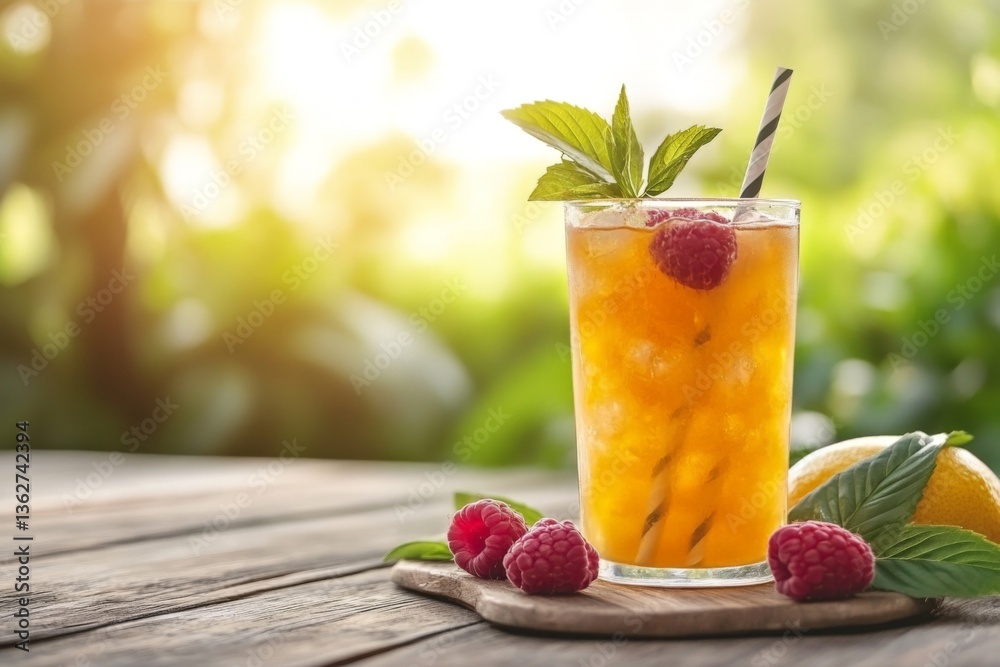 Poster refreshing summer drink with raspberries and lemon on wooden table in sunny outdoor setting