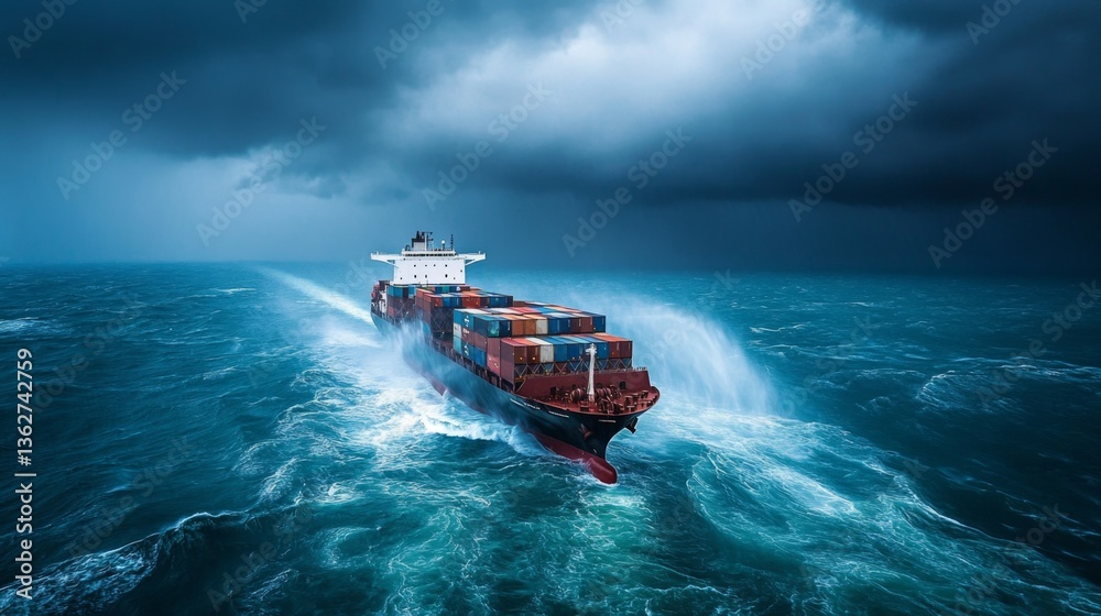 Poster A powerful storm approaching a large container ship in the middle of the ocean.