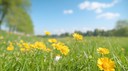 Obraz premium Yellow flowers blooming in a sunny meadow under a blue sky 