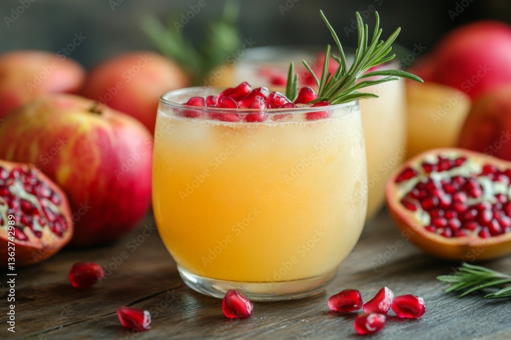 Poster refreshing cocktail with pomegranate and apple garnished with rosemary on a rustic wooden background