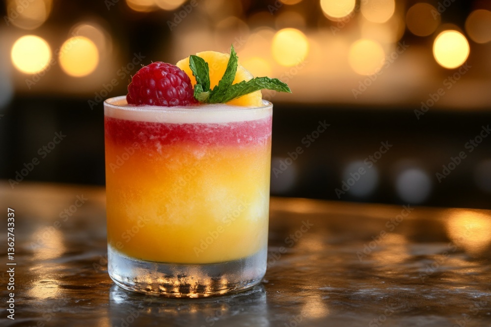 Poster refreshing layered cocktail served in a classy bar during a vibrant evening gathering