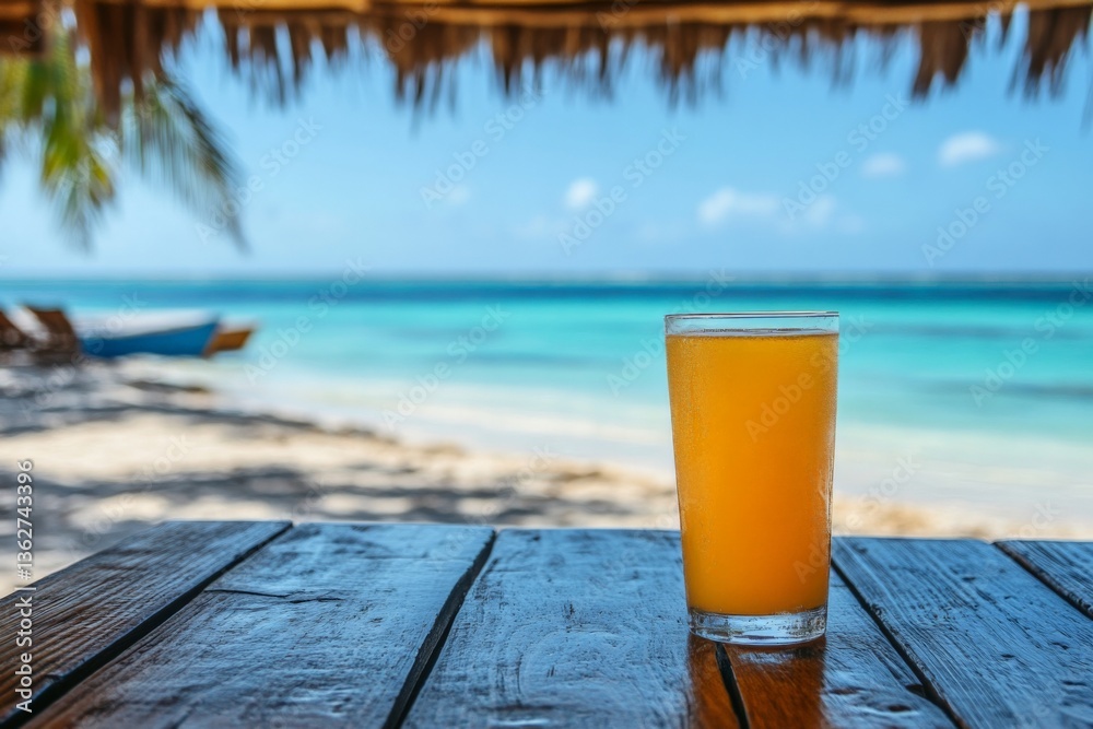 Aufkleber refreshing drink on a wooden table by the ocean on a sunny day with palm trees in the background