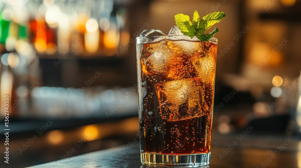 Poster a refreshing soda with ice and a mint leaf garnish, placed on a bar counter.