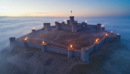 A Majestic Castle Surrounded by Mysterious Fog at Dawn, Creating a Captivating Landscape