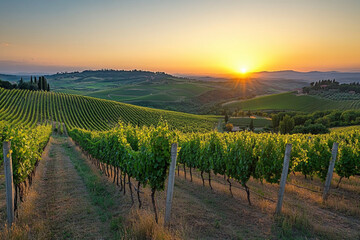 Naklejka premium Arafed view of a vineyard with a sunset in the background