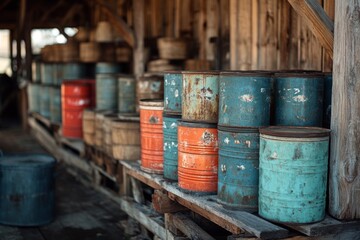 Shelf with vintage metal paint cans in rustic workshop environment