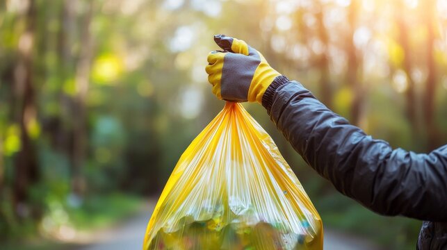 Dedicated Volunteer Holding a Bag Full of Litter in a Verdant Forest Setting