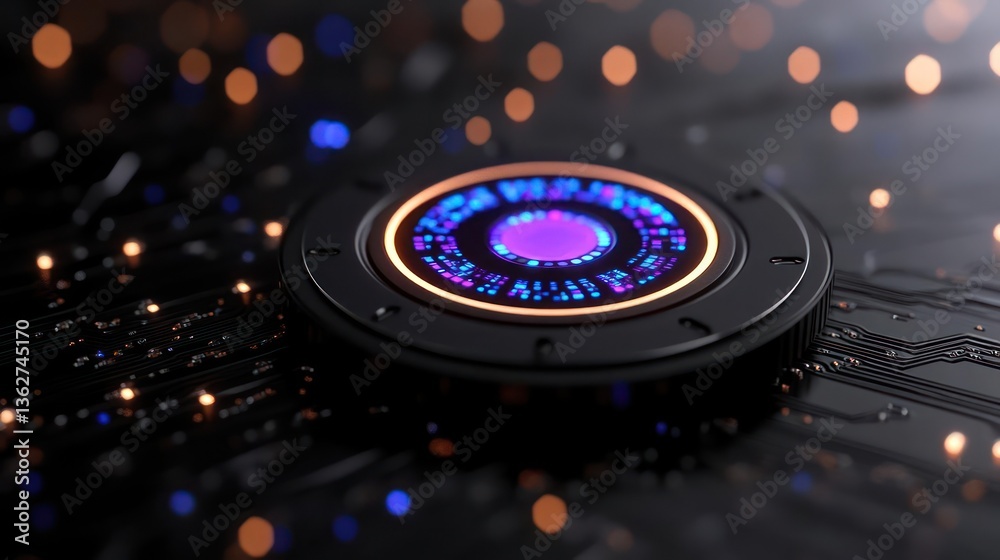 Poster futuristic glowing circular device on circuit board