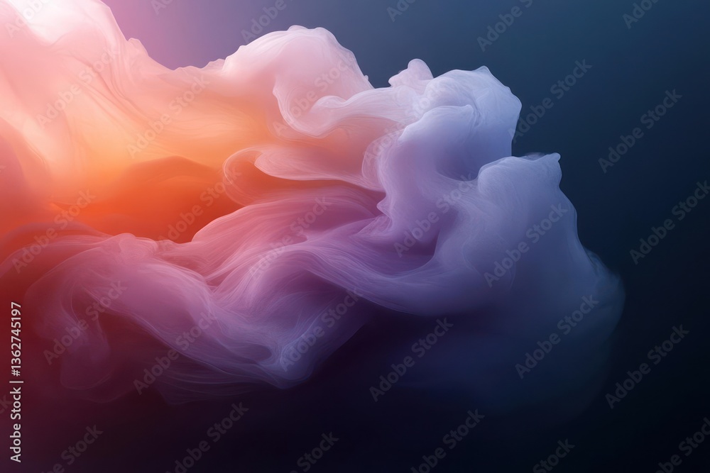 Poster abstract flowing cloud form 3d render: orange and blue hues on dark background