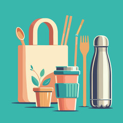 Eco-Friendly Zero Waste Items Illustration - Minimalist Flat Design