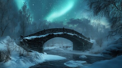 Mystical Aurora Borealis Illuminating a Snow-Covered Bridge Landscape