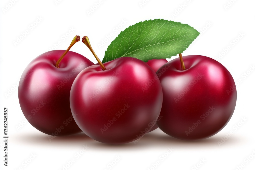 Poster red plums arranged creatively on a white background showcasing their vibrant color and fresh appeara