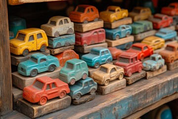 Fototapeta premium Collection of colorful vintage toy cars displayed on wooden shelves