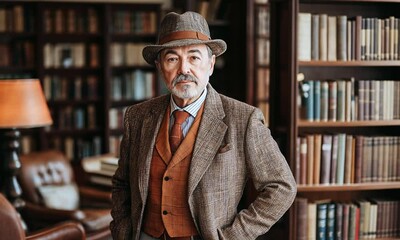  Mature caucasian man with beard wearing vintage suit and hat in classic library interior with warm lighting. Concept of wisdom and sophistication