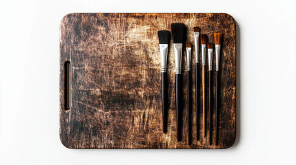 Rustic cutting board with assorted paintbrushes for art and craft inspiration
