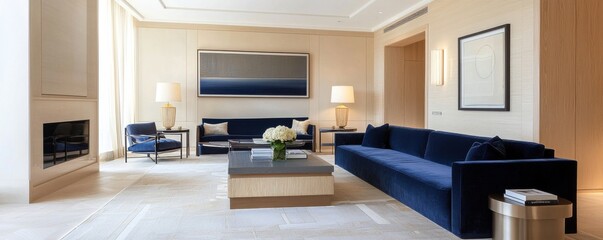 Elegant modern living room featuring navy blue furniture and stylish decor.