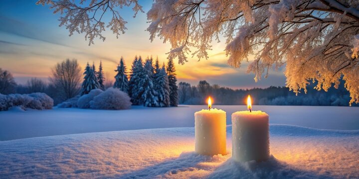 Two candles burning in the snow at twilight surrounded by frosty trees and a serene winter landscape , peaceful scene, serene atmosphere