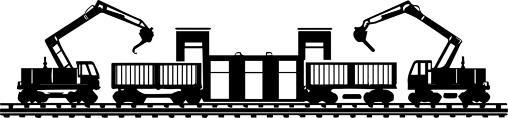 Rail freight and train transport logistics in SVG and vector formats.Industrial Scene with Cranes Loading Containers on Railway