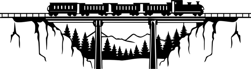 Obraz premium Rail freight and train transport logistics in SVG and vector formats.Train Crossing Bridge Over Chasm with Scenic Mountain View