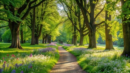 Serene green landscape with a meandering footpath lined by vibrant wildflowers and towering trees providing dappled shade, trees
