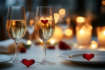 Romantic dinner setting with sparkling wine and heart decorations for a special evening