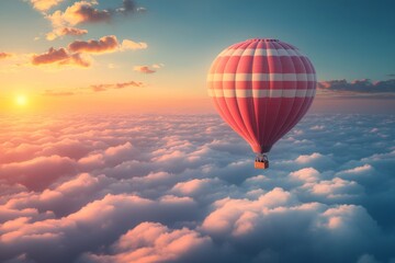 Obraz premium Hot air balloon gliding above fluffy clouds during a stunning sunrise in the sky