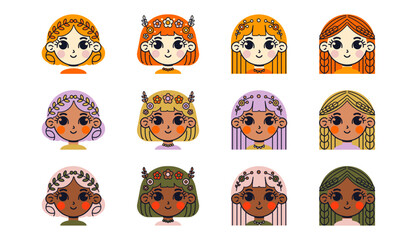 Set of cute girls avatars. smiling faces with different hairstyles, accessories and  skin colors. Colorful flat vector illustration.