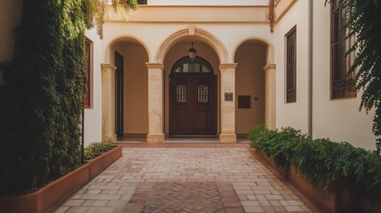 Fototapeta premium A sun-drenched courtyard with a classical archway entrance, featuring terracotta colored bricks, lush greenery, and a wooden door.