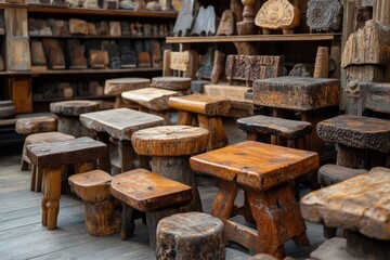 Interior of rustic wood workshop with handmade stools and logs