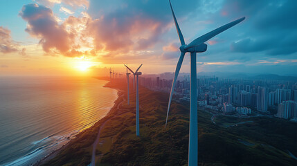 Aerial view propeller wing wind turbines city background Fusion of technology sustainability quiet power renewable energy against backdrop urban progress future innovation nature coexist, illustration