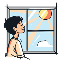 Boy Looking at the Sun Through a Window – Bright and Reflective Moment