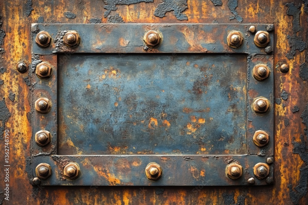 Poster weathered metal surface with rust and bolts on an industrial structure in need of restoration