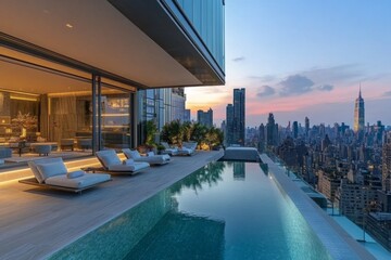 Naklejka premium Luxurious poolside balcony with city skyline at sunset