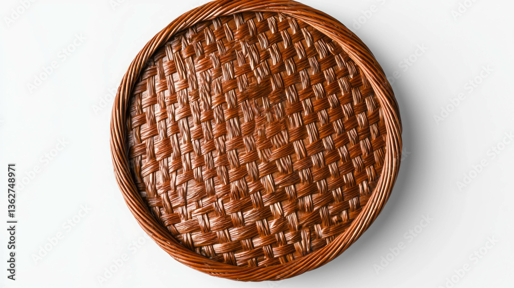Poster realistic empty round wicker serving tray for home decor and kitchen use