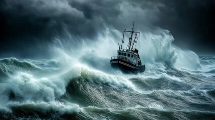 Obraz premium A small fishing boat struggling against powerful ocean waves during a violent storm.