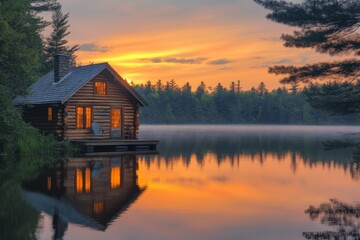 Fototapeta premium Wooden lakeside cabin reflecting in still water at colorful sunset