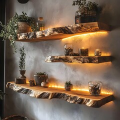 Decorative wooden shelves holding plants candles and glass containers
