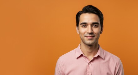 Fototapeta premium Confident young man in pink shirt on orange background for fashion and lifestyle concepts