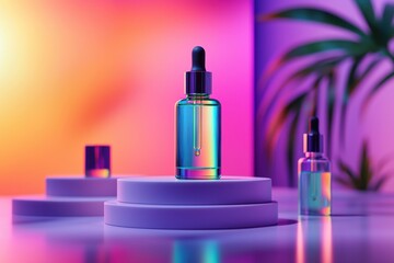 Modern skincare serum bottle displayed with vibrant background colors